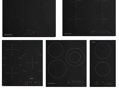 Different Types Of Black Electric Cooktops With Various Heating Zones And Control Panels 3d model