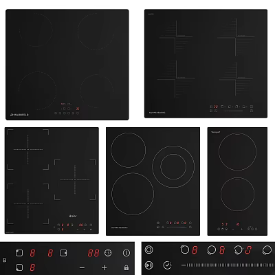 Different Types Of Black Electric Cooktops With Various Heating Zones And Control Panels 3d model