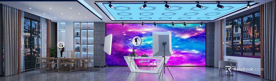 Modern Public Office Space With Galaxy Backdrop Ceiling Spotlights Reflectors Ring Light Tripods White Desk 3d model 