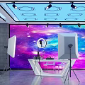 Modern Public Office Space With Galaxy Backdrop Ceiling Spotlights Reflectors Ring Light Tripods White Desk