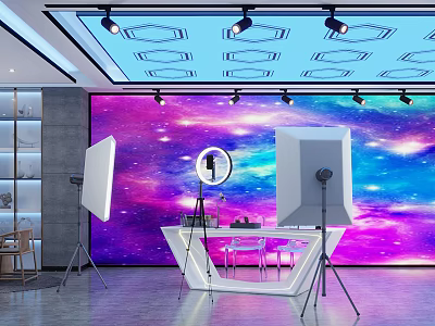 Modern Public Office Space With Galaxy Backdrop Ceiling Spotlights Reflectors Ring Light Tripods White Desk 3d model