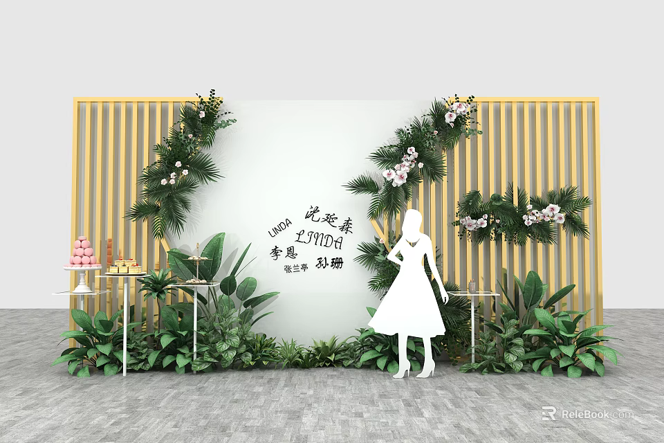 Elegant Photo Check-in Spot With White Backdrop Golden Slat Fence Floral Decorations And Green Plants 3d model 