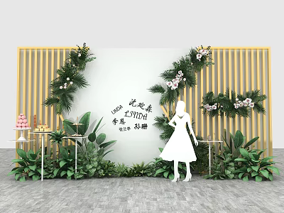 Elegant Photo Check-in Spot With White Backdrop Golden Slat Fence Floral Decorations And Green Plants 3d model
