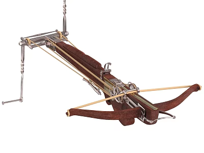 Traditional Crossbow Weapon With Wooden Frame Metal Components And Yellow Bowstrings 3d model