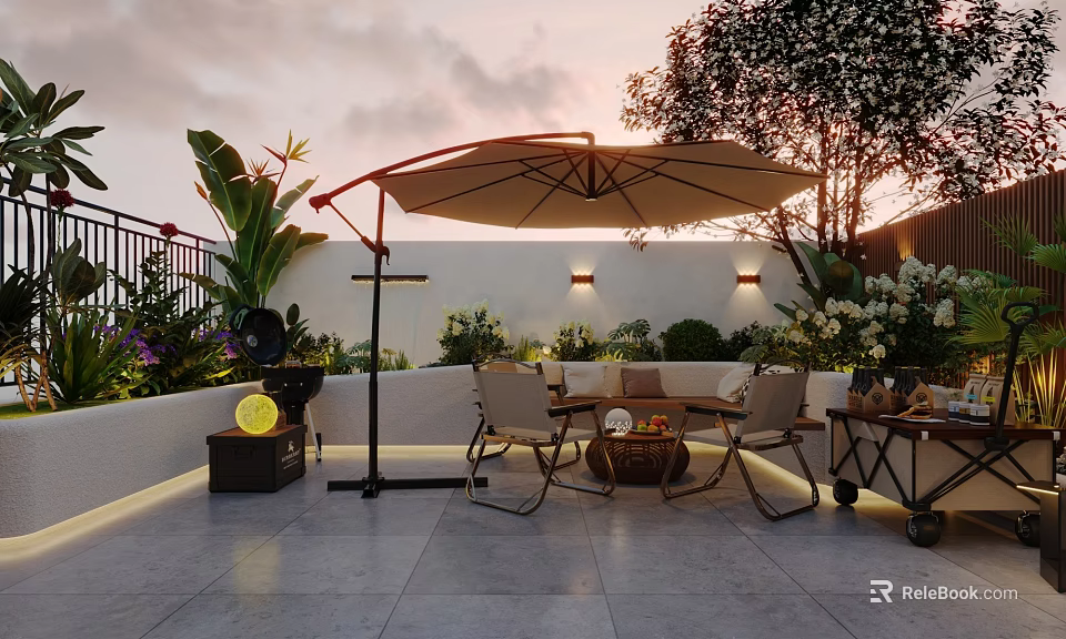 Cozy Outdoor Sofa Set With Large Parasol For Elegant Sunset Rooftop Patio Leisure Area 3d model 