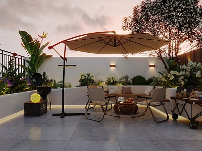 Cozy Outdoor Sofa Set With Large Parasol For Elegant Sunset Rooftop Patio Leisure Area 3d model