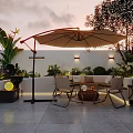 Cozy Outdoor Sofa Set With Large Parasol For Elegant Sunset Rooftop Patio Leisure Area