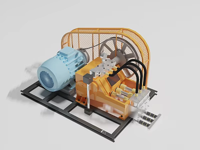 Heavy Duty Industrial Equipment Featuring Blue Motor Yellow Frame Black Pipes And Large Metal Wheel 3d model