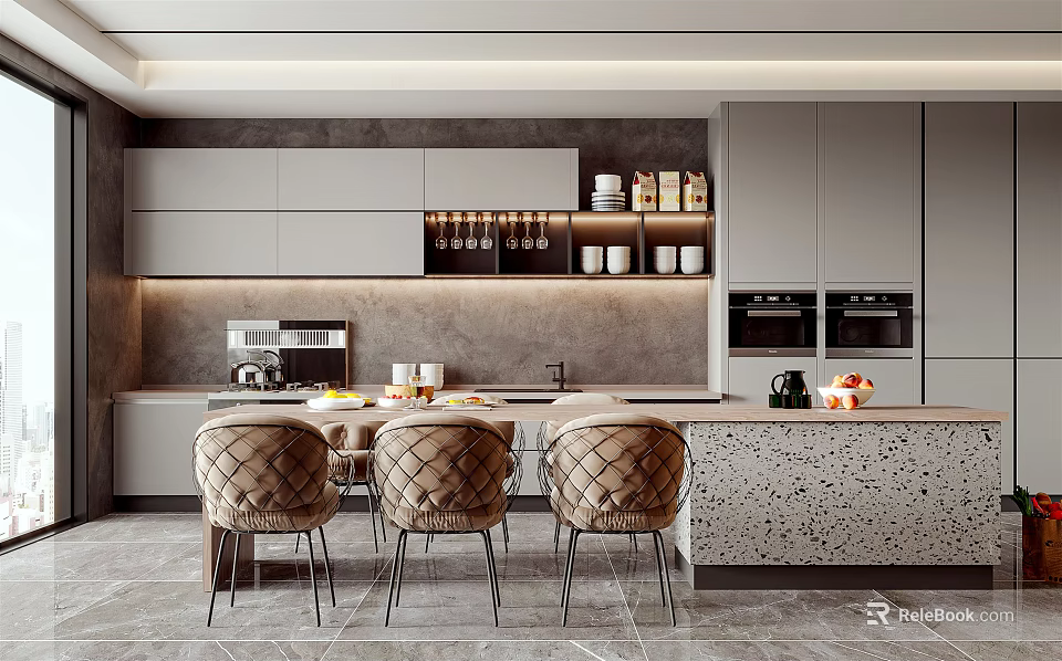 Modern Restaurant Design Featuring Open Kitchen Stone Counter Gray Cabinets And Bar Stools 3d model