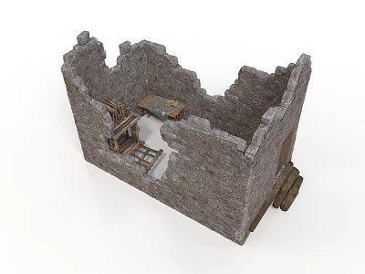 Ruined Stone Walls Of Ancient Building With Wooden Beams And Interior Floor 3d model
