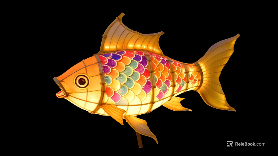 Illuminated Fish Shaped Lantern Art Installation With Colorful Scales And Yellow Fins 3d model 