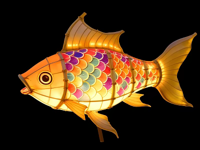 Illuminated Fish Shaped Lantern Art Installation With Colorful Scales And Yellow Fins 3d model