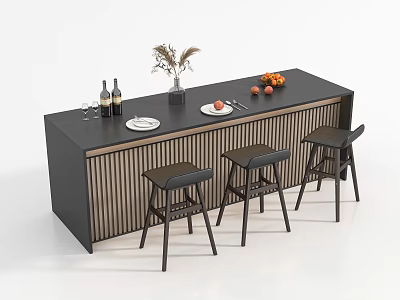 Modern Bar Counter Interior With Bar Stools Wine Bottles Glasses Fruits And Decorative Plants 3d model