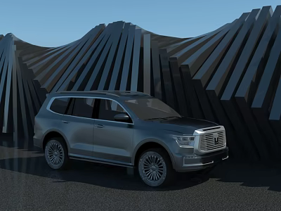 Silver Modern SUV Exterior Design With Wavy Black Striped Architectural Background 3d model