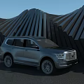 Silver Modern SUV Exterior Design With Wavy Black Striped Architectural Background 3d model