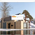 Modern Detached House With Wooden Exterior Large Windows And Waterfront Snowy Landscape Trees