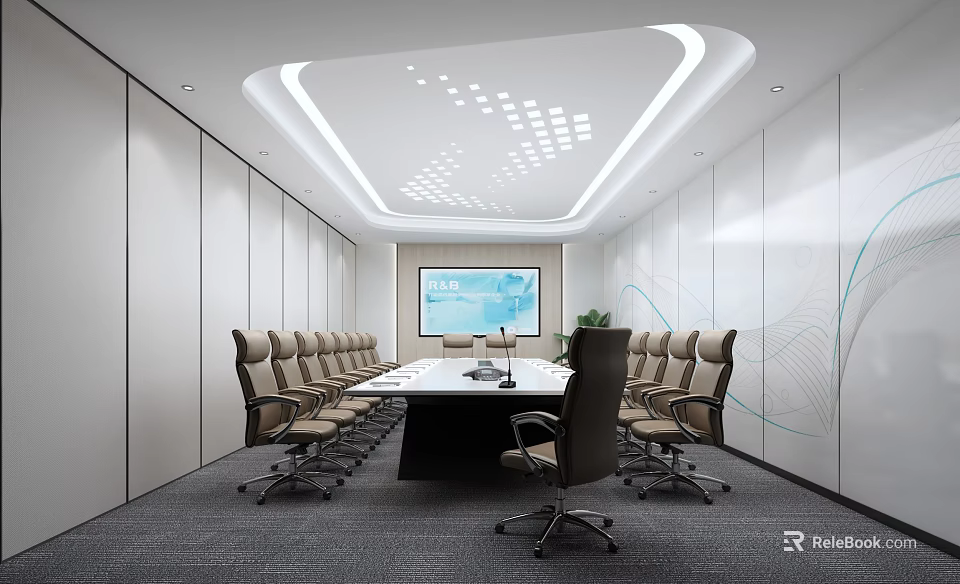 Modern Conference Room Interior With Long Table Multiple Chairs Large Screen And Ceiling Lighting 3d model