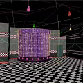 Purple Cylinder With Numbers In Room Featuring Black White Checkerboard Floor Gray Walls And Lights