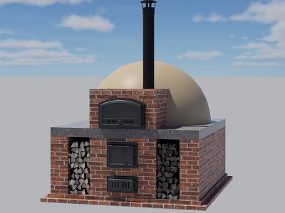 Garden Landscape With Brick Oven Structure Dome Roof Black Chimney And Wood Storage 3d model