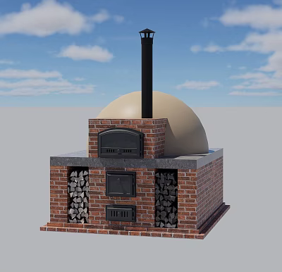 Garden Landscape With Brick Oven Structure Dome Roof Black Chimney And Wood Storage 3d model