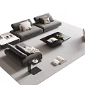 Modern Gray Sofa And Coffee Table Set With Pillows White Chair Floor Lamp And Rug