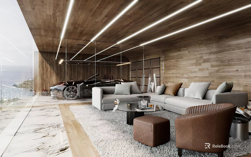 Modern Living Room Interior With Coffee Table Soft Sofa Furry Rug Wooden Wall And Warm Lighting 3d model 