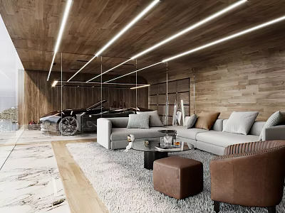 Modern Living Room Interior With Coffee Table Soft Sofa Furry Rug Wooden Wall And Warm Lighting 3d model