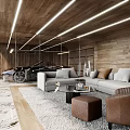 Modern Living Room Interior With Coffee Table Soft Sofa Furry Rug Wooden Wall And Warm Lighting