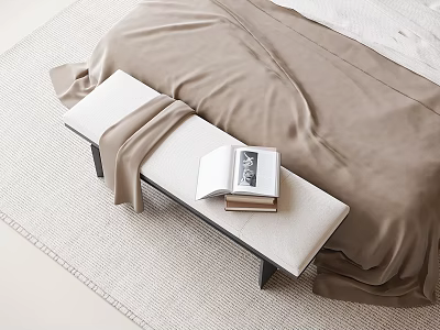 Bedroom Bench With Light Colored Cushion And Black Legs Open Book Blanket Beside Bed Rug 3d model