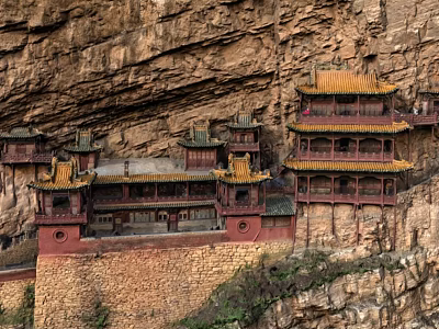 Chinese Traditional Garden Landscape On Cliff With Ancient Buildings Yellow Roofs And Red Walls 3d model