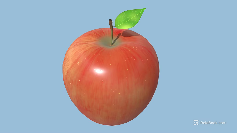 Fresh Red Apple With Green Leaf And Stem Isolated On Blue Background 3d model 