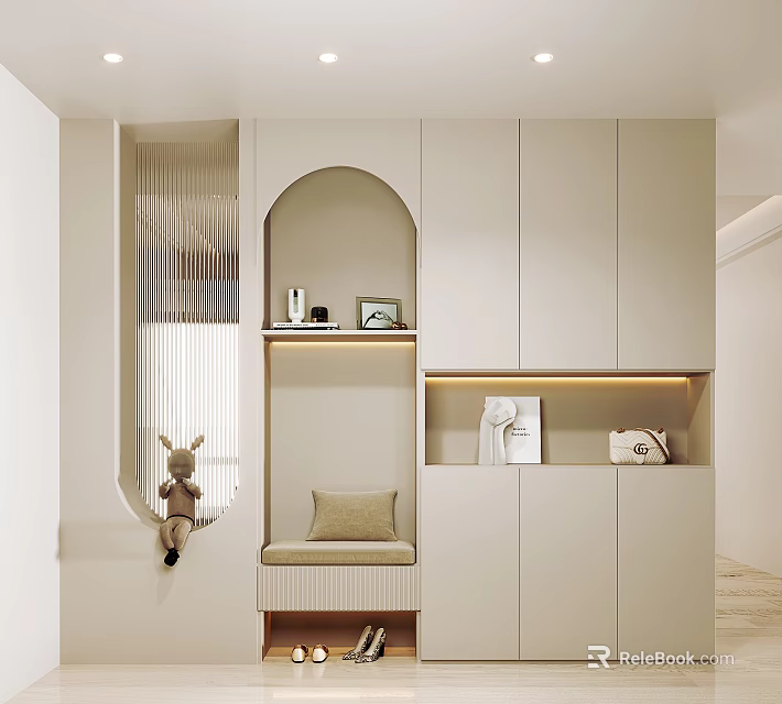 Modern Shoe Cabinet Design With Arched Niche Storage Bench And Decorative Items 3d model 