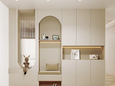 Modern Shoe Cabinet Design With Arched Niche Storage Bench And Decorative Items 3d model