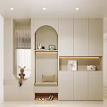 Modern Shoe Cabinet Design With Arched Niche Storage Bench And Decorative Items