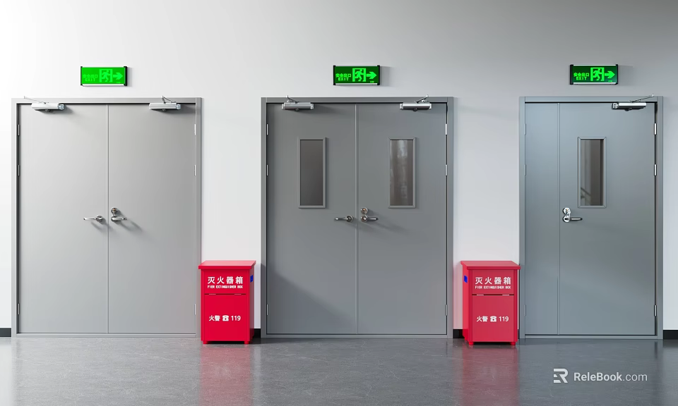 Gray Fire Doors With Green Emergency Exit Signs And Red Extinguisher Cabinets 3d model 