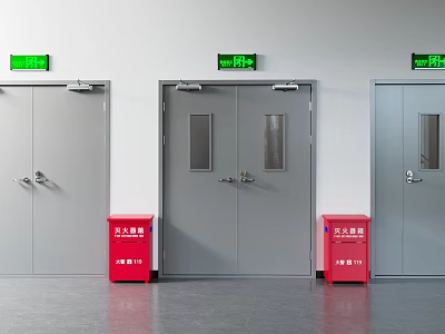 Gray Fire Doors With Green Emergency Exit Signs And Red Extinguisher Cabinets 3d model
