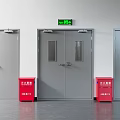 Gray Fire Doors With Green Emergency Exit Signs And Red Extinguisher Cabinets