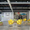Modern Showroom Interior With Yellow Chairs Round Tables Large Screen And Bookshelves