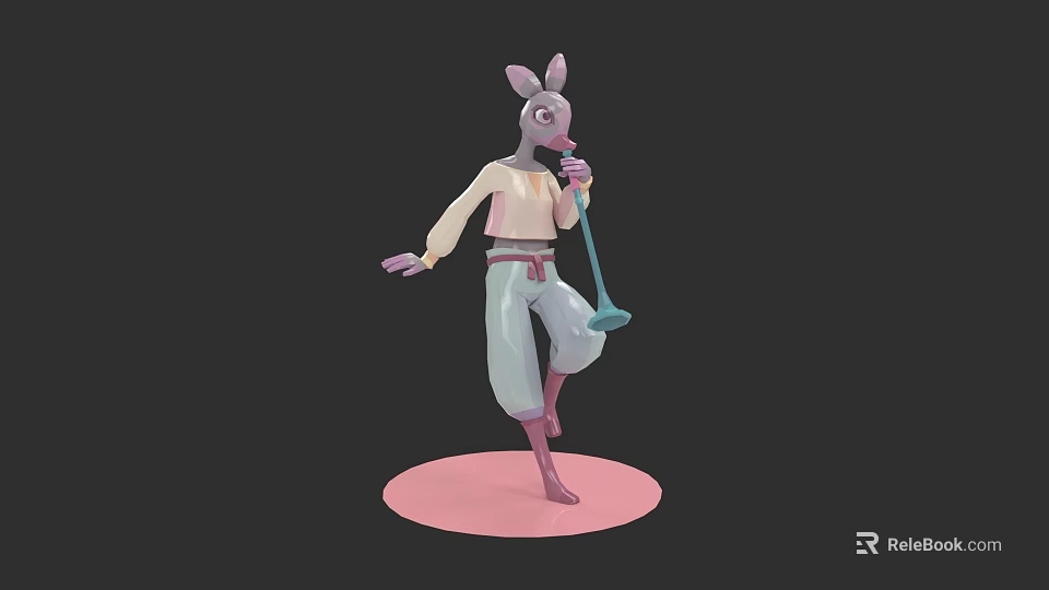 Rabbit Character Standing on Pink Base Holding Microphone in White Top and Light Blue Pants 3d model 