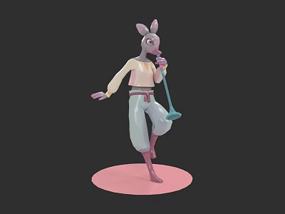 Rabbit Character Standing on Pink Base Holding Microphone in White Top and Light Blue Pants 3d model