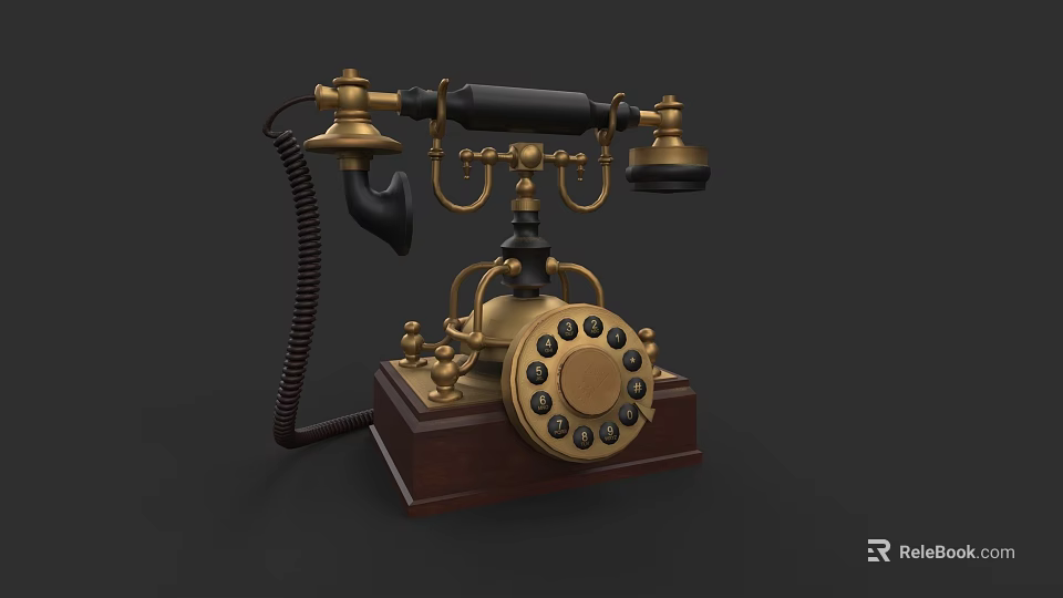 Vintage Brass Rotary Telephone With Wooden Base And Black Handset 3d model 
