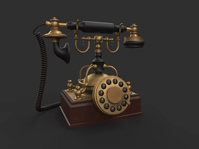 Vintage Brass Rotary Telephone With Wooden Base And Black Handset 3d model