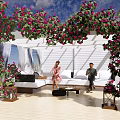 Relaxing White Pergola With Pink Flowers Outdoor Sofa And Wooden Floor