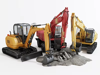 Yellow And Red Heavy Construction Excavators With Rocks Pile View 3d model