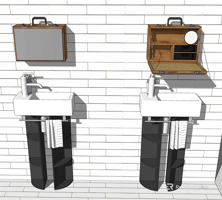Modern Bathroom Sink Design With Tiled Wall Cabinet Mirror And Hanging Towels 3d model 