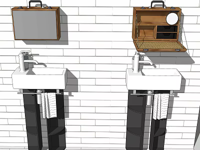 Modern Bathroom Sink Design With Tiled Wall Cabinet Mirror And Hanging Towels 3d model