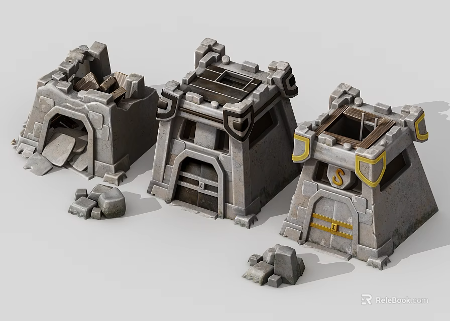 Cartoon Scene Featuring Stone Fortresses With Different Doorways And Decorative Stones 3d model 