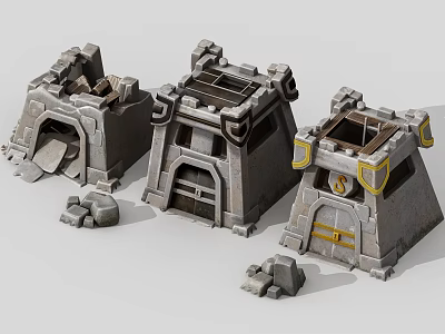 Cartoon Scene Featuring Stone Fortresses With Different Doorways And Decorative Stones 3d model