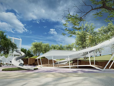 Scenic Park Landscape With Modern Curved Slide Lush Trees And Clear Blue Sky 3d model