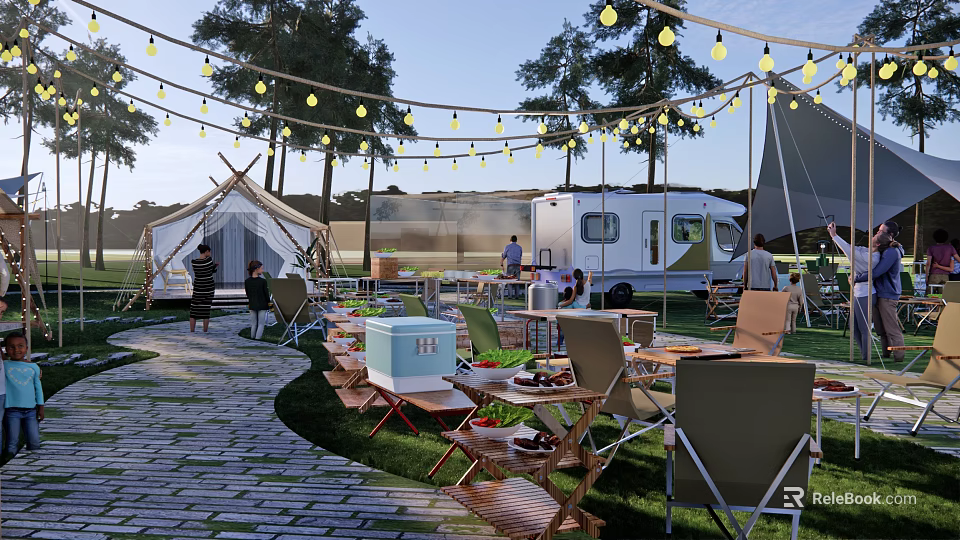 Scenic Campsite With Tent RV String Lights Trees And Picnic Tables 3d model 